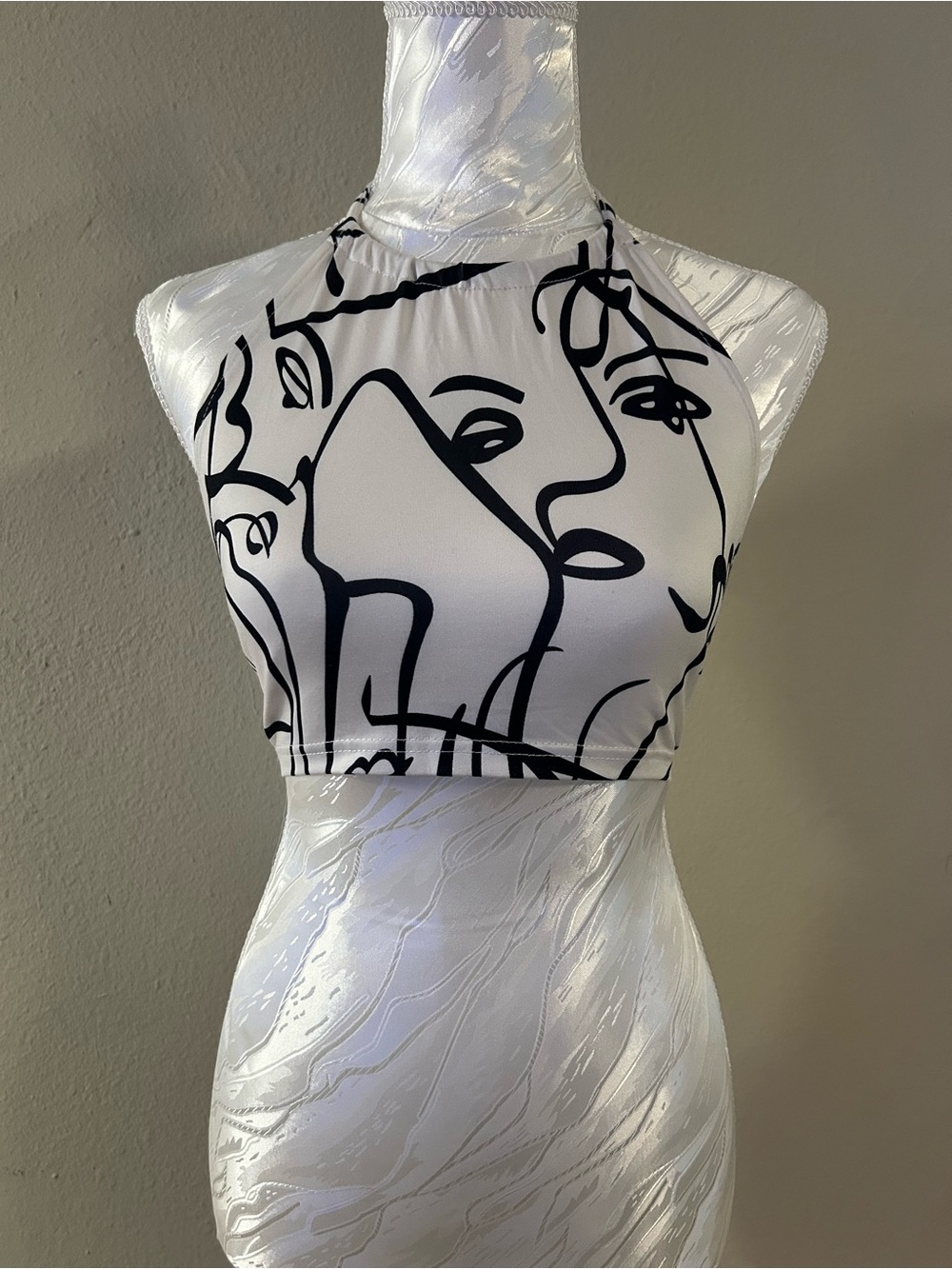 SHEIN White Halter Crop Top with Black Abstract Face Print